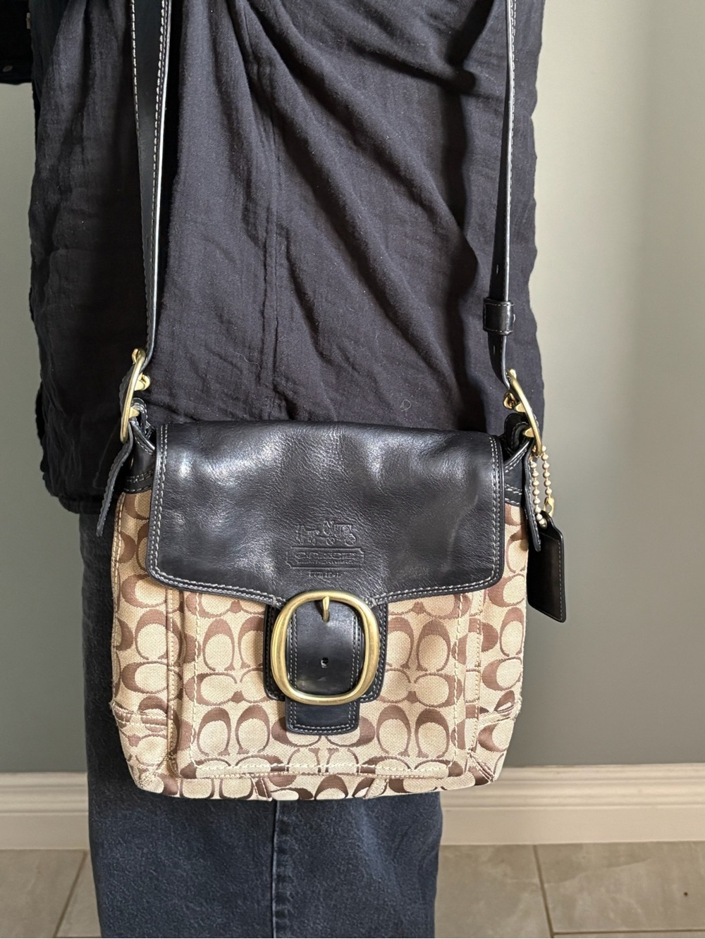 Coach Bleecker Signature Buckle Flap Shoulder Bag Brown Black Canvas